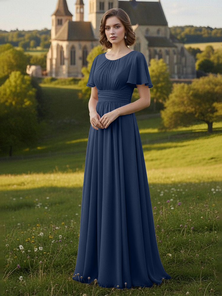 Chiffon Scoop Neck Long Mother of the Bride Dresses with Pleated
