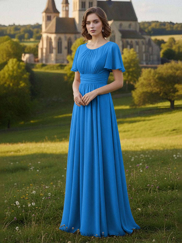 Chiffon Scoop Neck Long Mother of the Bride Dresses with Pleated