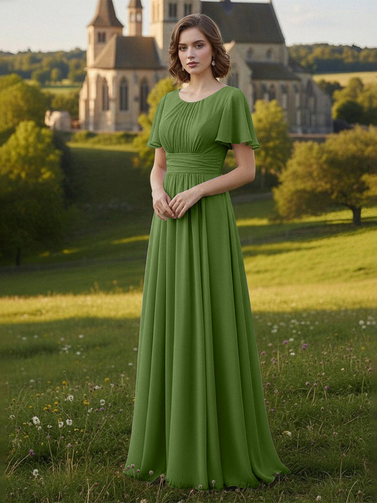 Chiffon Scoop Neck Long Mother of the Bride Dresses with Pleated