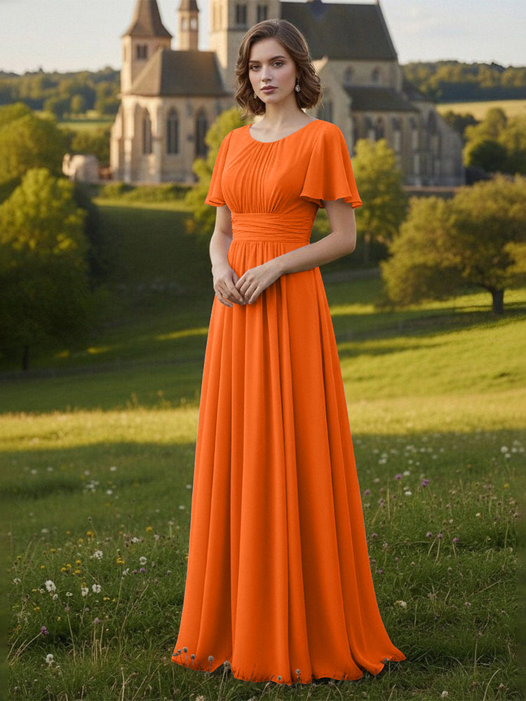 Chiffon Scoop Neck Long Mother of the Bride Dresses with Pleated