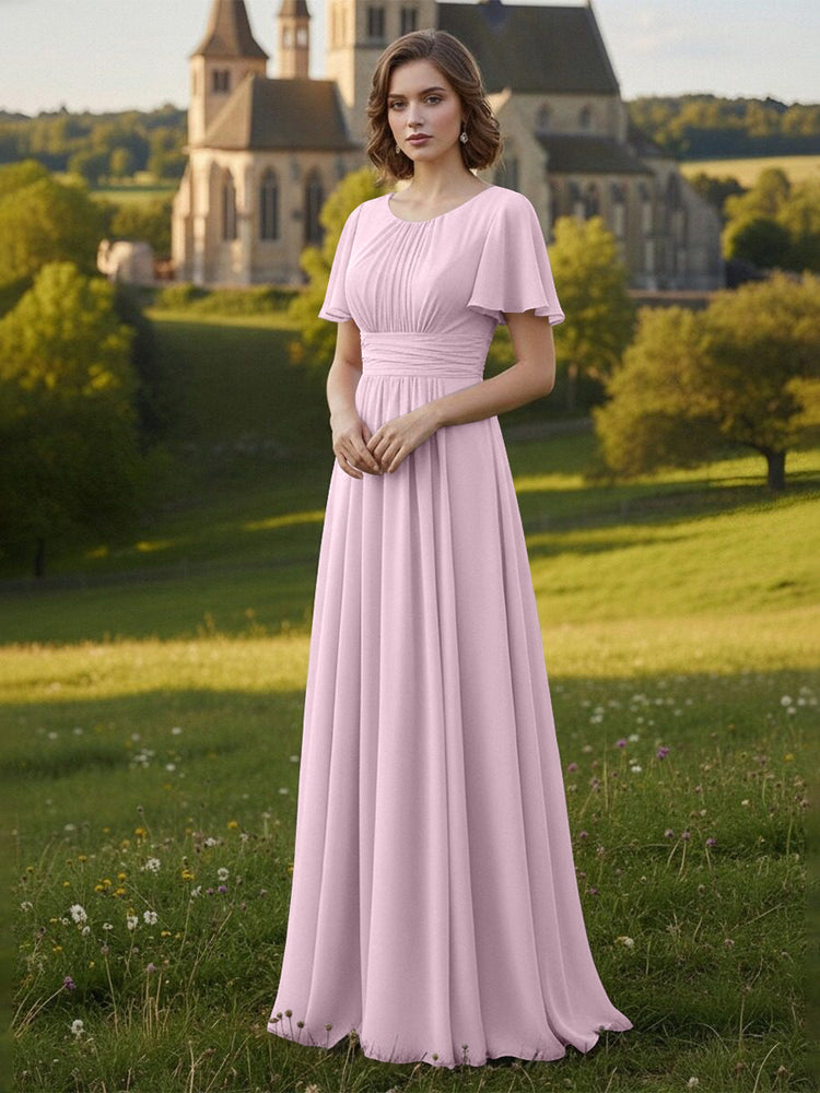 Chiffon Scoop Neck Long Mother of the Bride Dresses with Pleated