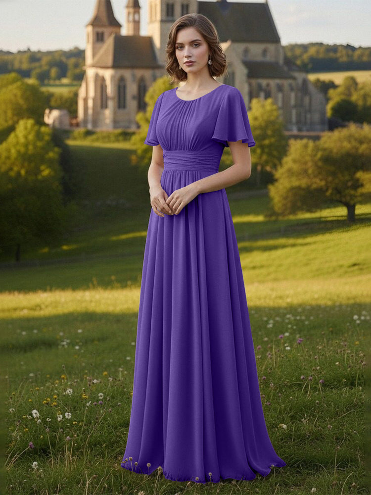 Chiffon Scoop Neck Long Mother of the Bride Dresses with Pleated