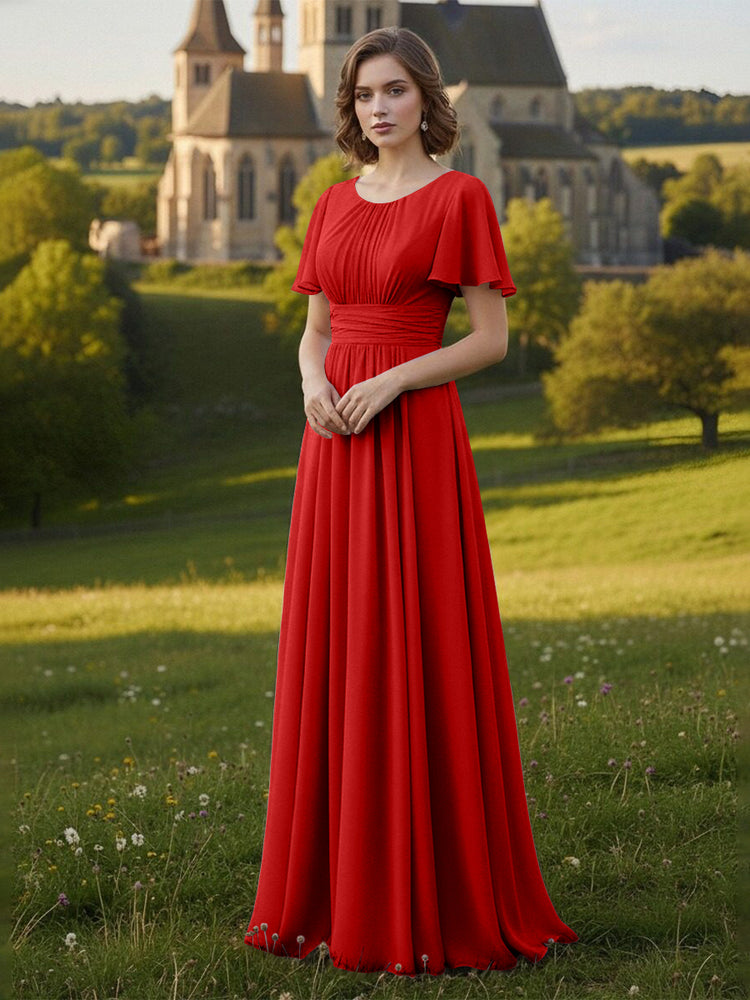 Chiffon Scoop Neck Long Mother of the Bride Dresses with Pleated