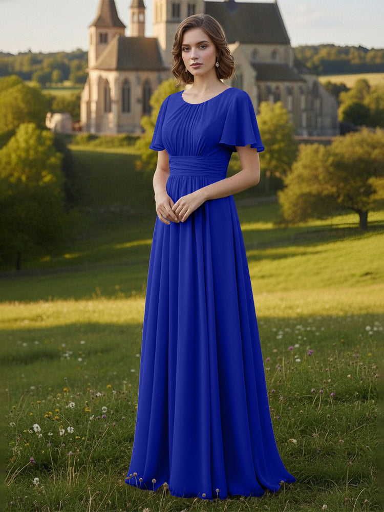 Chiffon Scoop Neck Long Mother of the Bride Dresses with Pleated