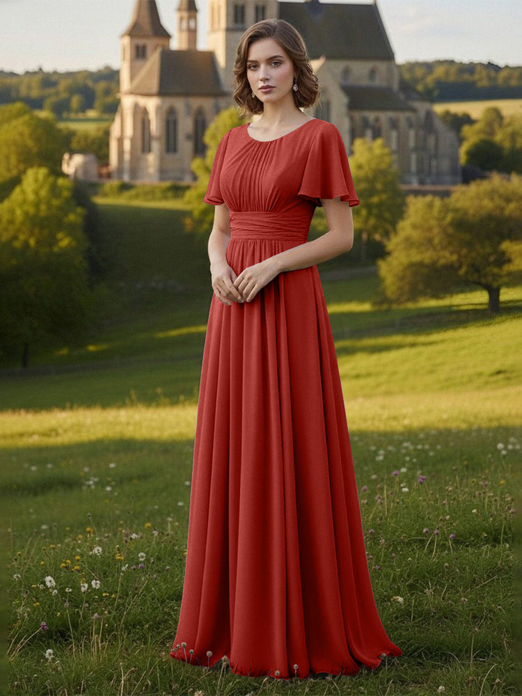 Chiffon Scoop Neck Long Mother of the Bride Dresses with Pleated