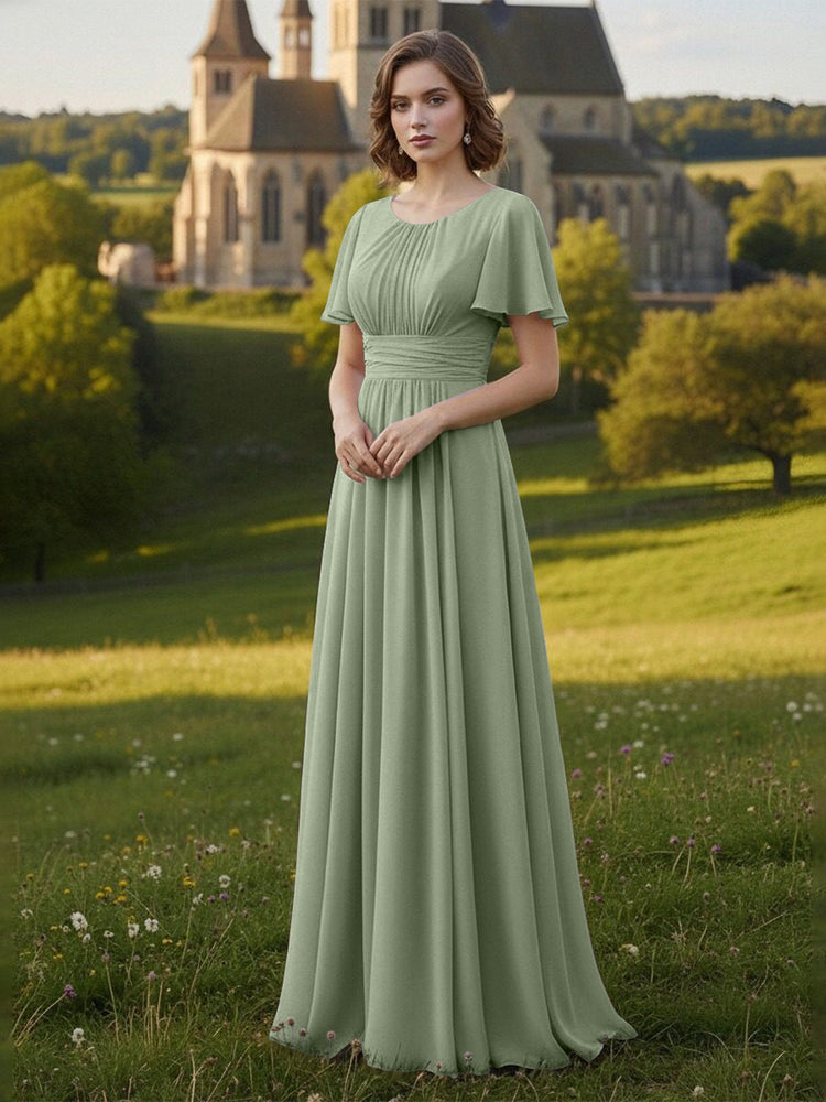 Chiffon Scoop Neck Long Mother of the Bride Dresses with Pleated