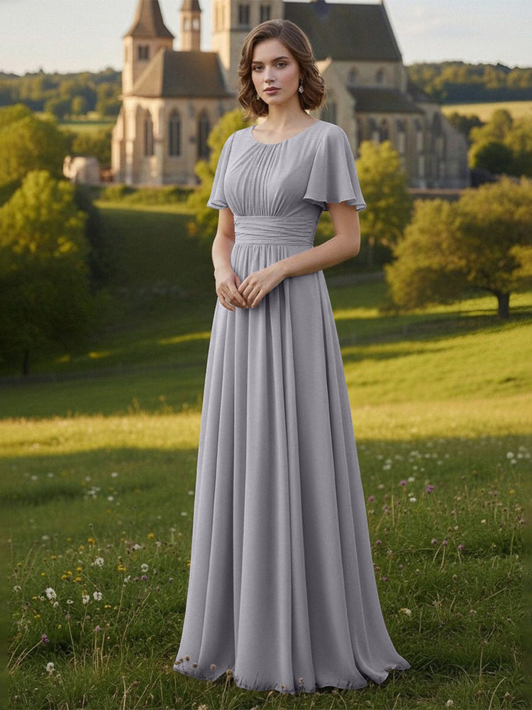 Chiffon Scoop Neck Long Mother of the Bride Dresses with Pleated