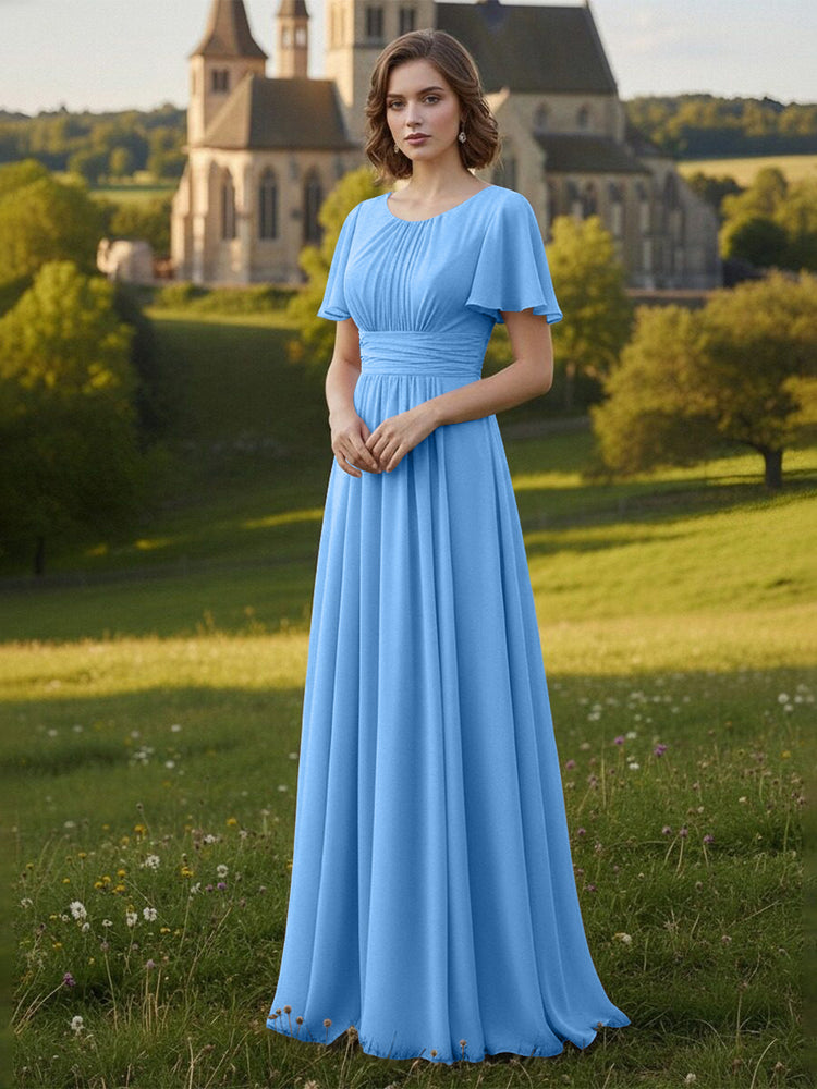 Chiffon Scoop Neck Long Mother of the Bride Dresses with Pleated