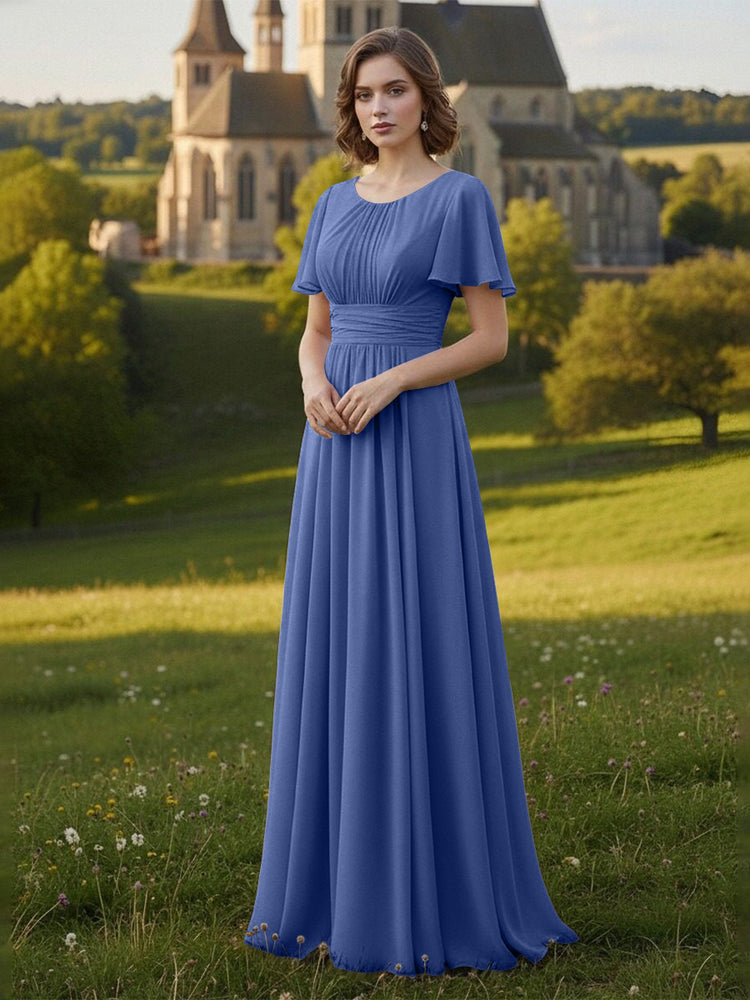 Chiffon Scoop Neck Long Mother of the Bride Dresses with Pleated