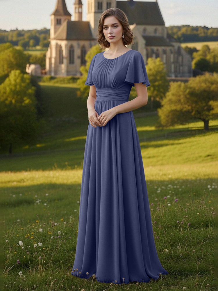 Chiffon Scoop Neck Long Mother of the Bride Dresses with Pleated