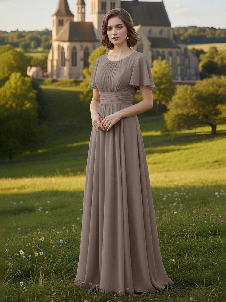 Chiffon Scoop Neck Long Mother of the Bride Dresses with Pleated