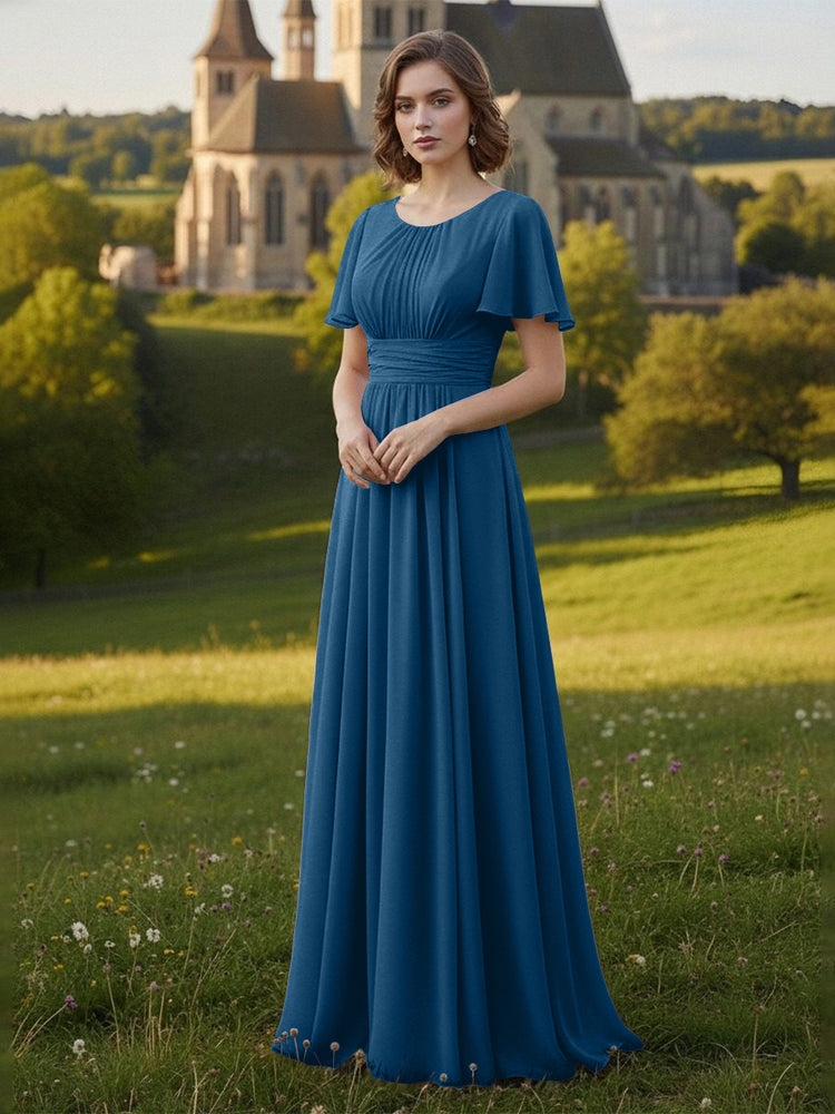 Chiffon Scoop Neck Long Mother of the Bride Dresses with Pleated