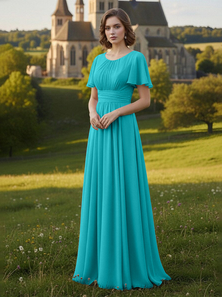Chiffon Scoop Neck Long Mother of the Bride Dresses with Pleated