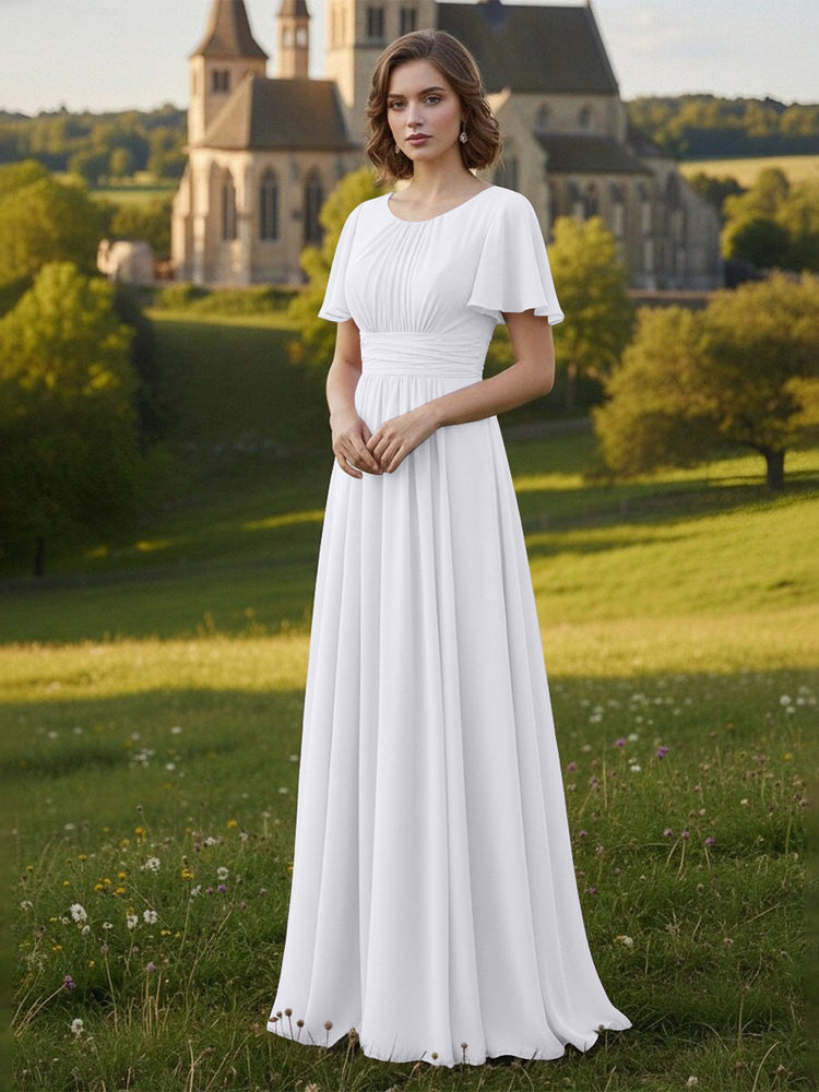 Chiffon Scoop Neck Long Mother of the Bride Dresses with Pleated