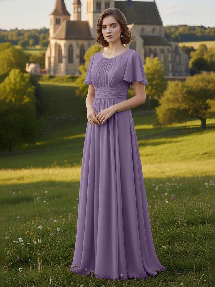 Chiffon Scoop Neck Long Mother of the Bride Dresses with Pleated