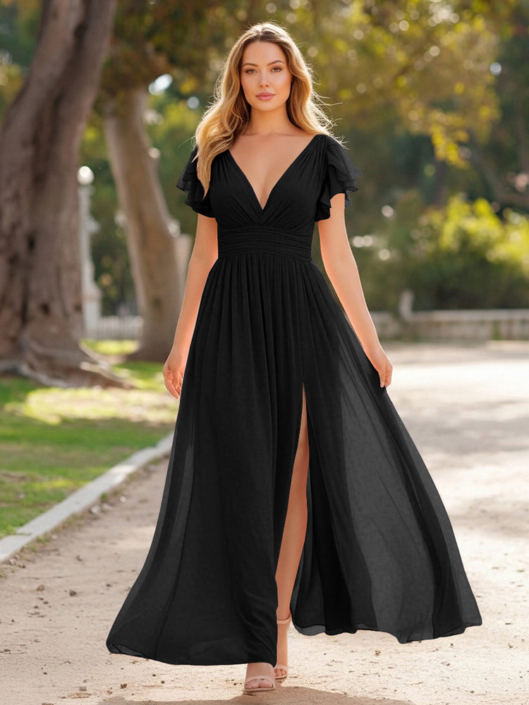 V Neck Satin Pleated Sleeveless Long Bridesmaid Dresses