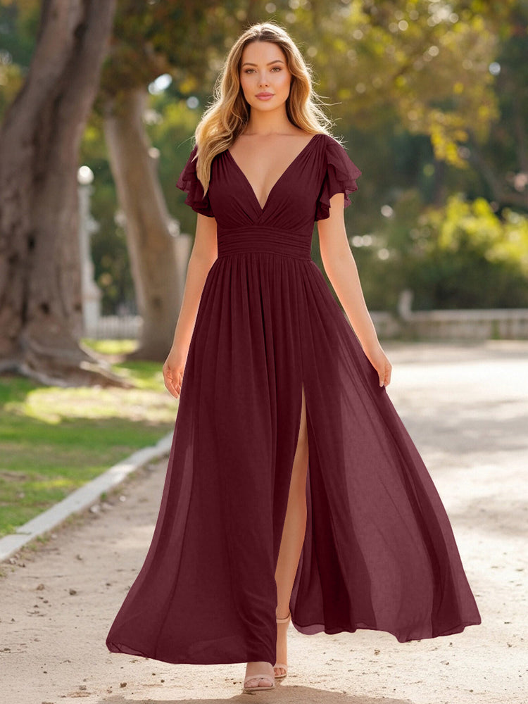 V Neck Satin Pleated Sleeveless Long Bridesmaid Dresses
