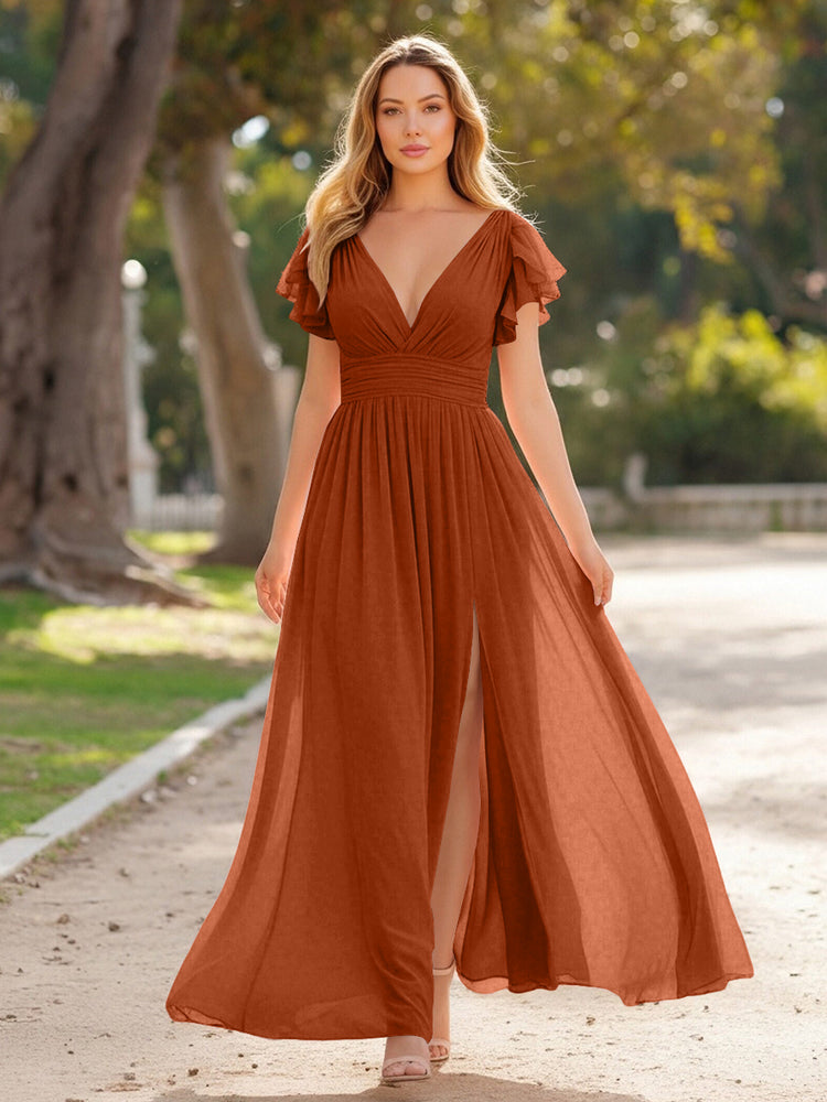 V Neck Satin Pleated Sleeveless Long Bridesmaid Dresses