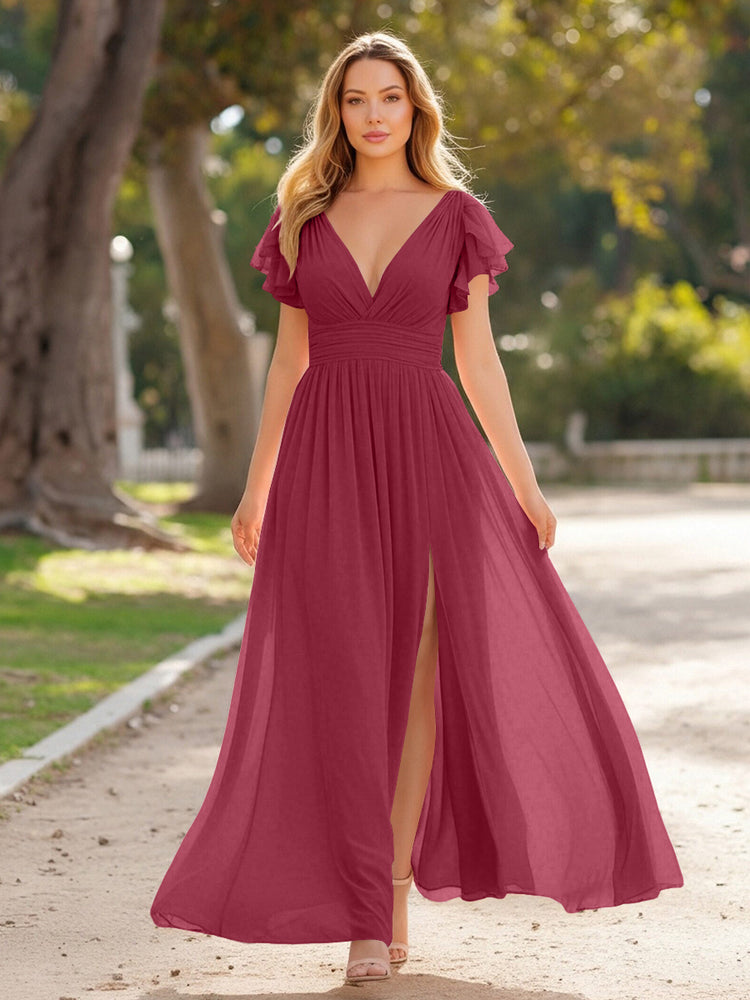 V Neck Satin Pleated Sleeveless Long Bridesmaid Dresses