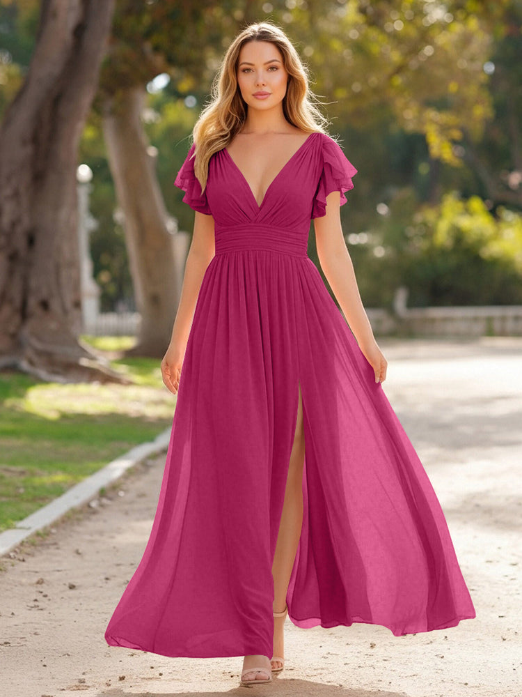 V Neck Satin Pleated Sleeveless Long Bridesmaid Dresses