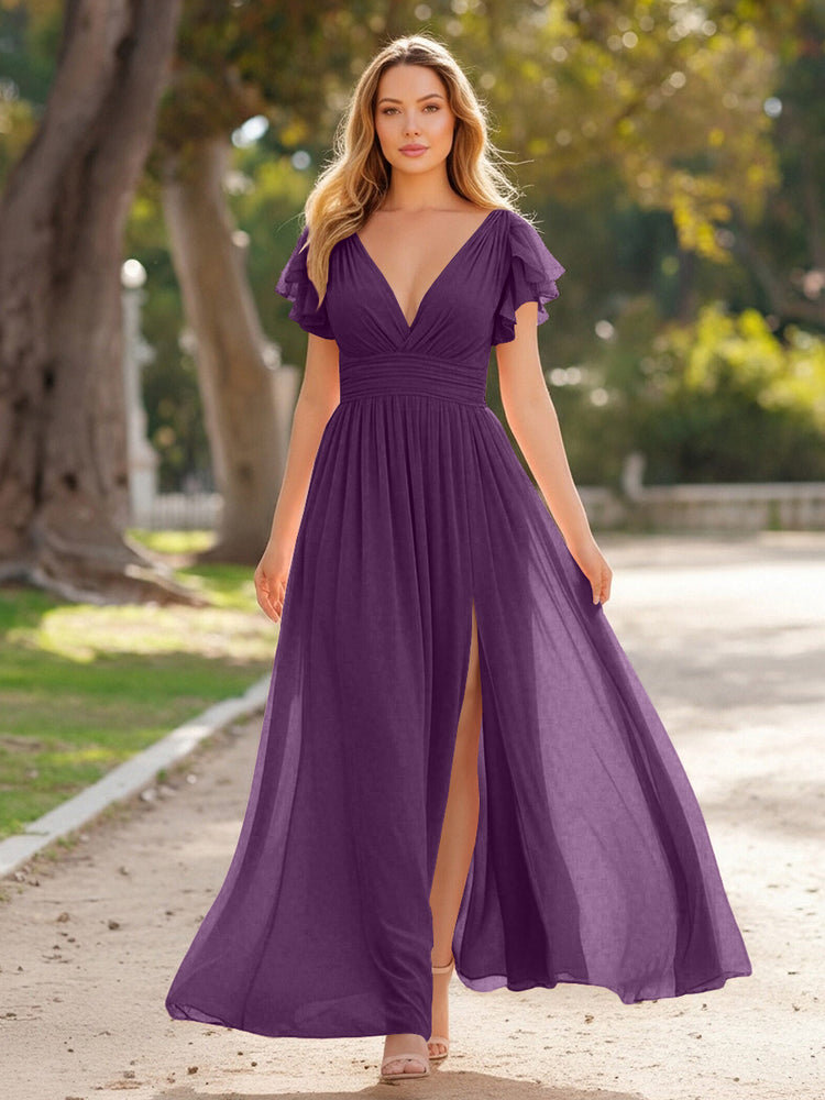 V Neck Satin Pleated Sleeveless Long Bridesmaid Dresses