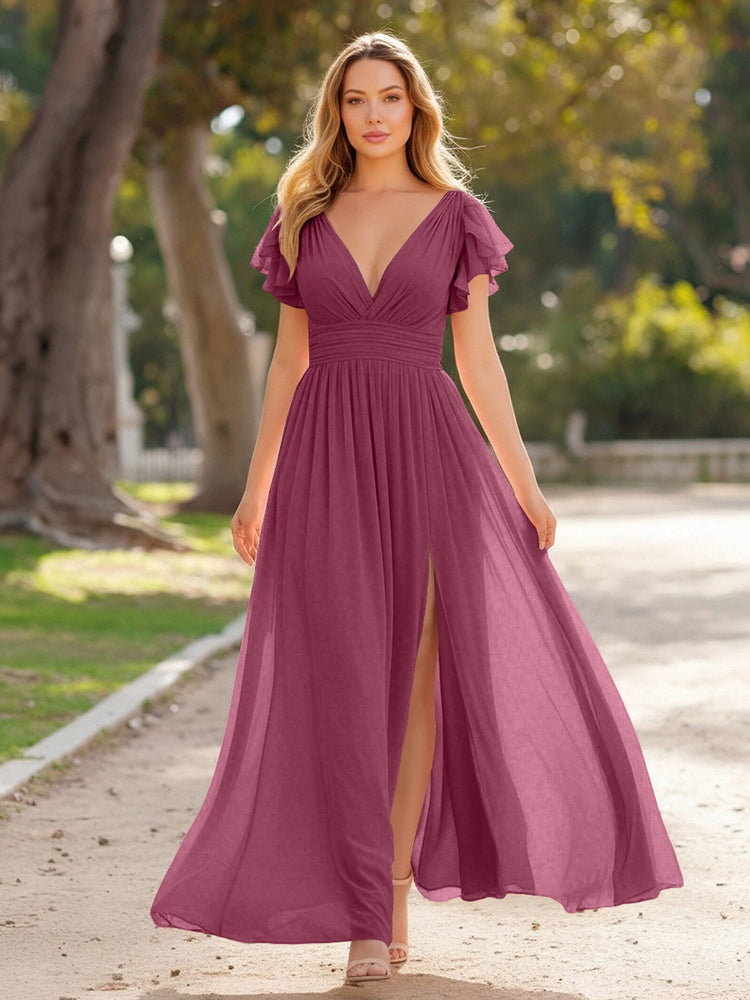 V Neck Satin Pleated Sleeveless Long Bridesmaid Dresses