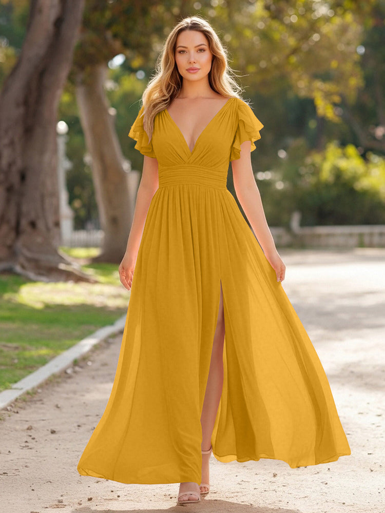 V Neck Satin Pleated Sleeveless Long Bridesmaid Dresses