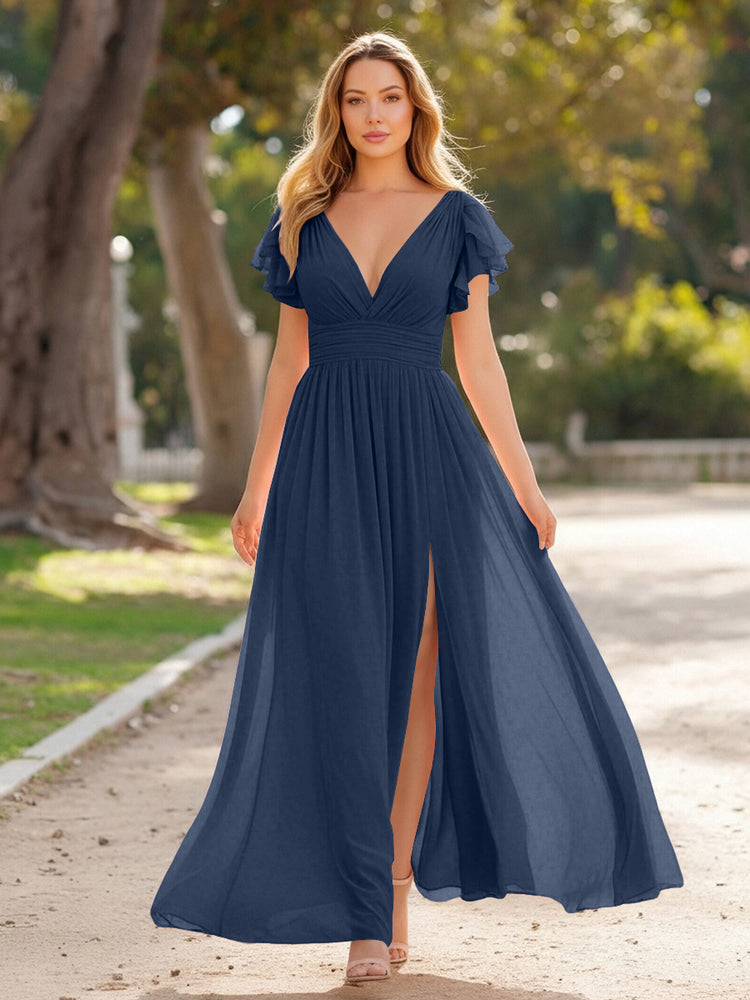 V Neck Satin Pleated Sleeveless Long Bridesmaid Dresses