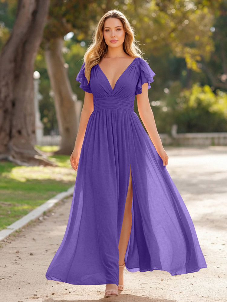 V Neck Satin Pleated Sleeveless Long Bridesmaid Dresses