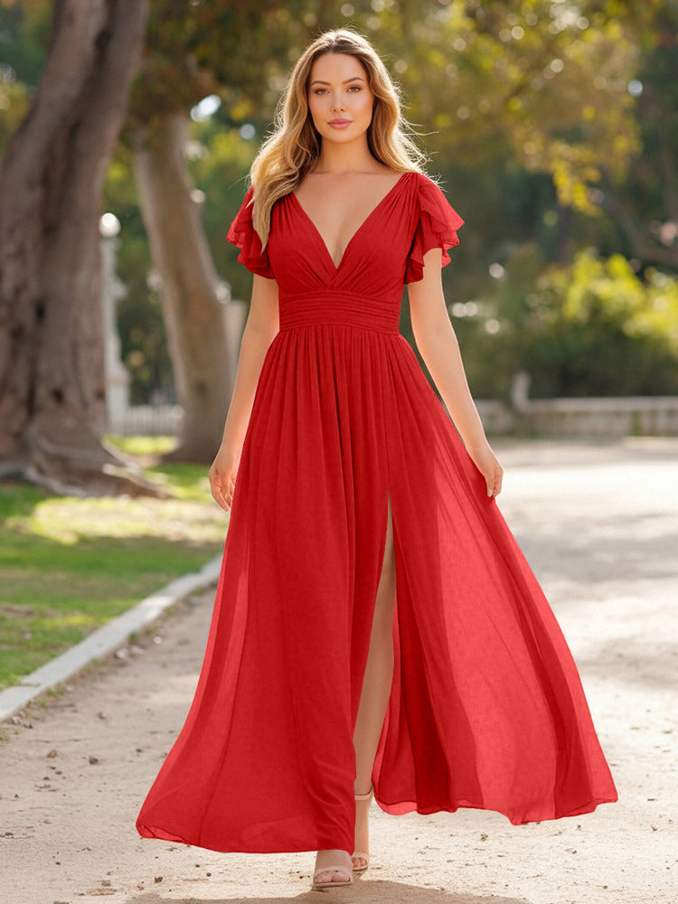 V Neck Satin Pleated Sleeveless Long Bridesmaid Dresses