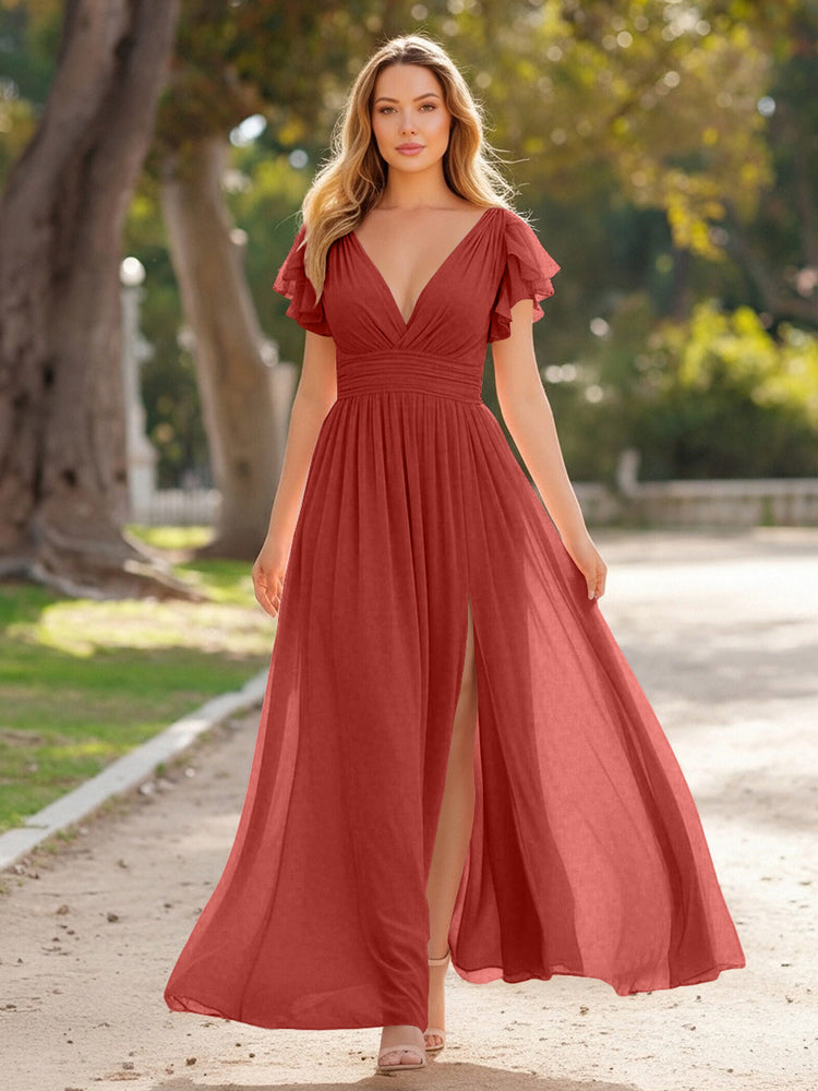 V Neck Satin Pleated Sleeveless Long Bridesmaid Dresses