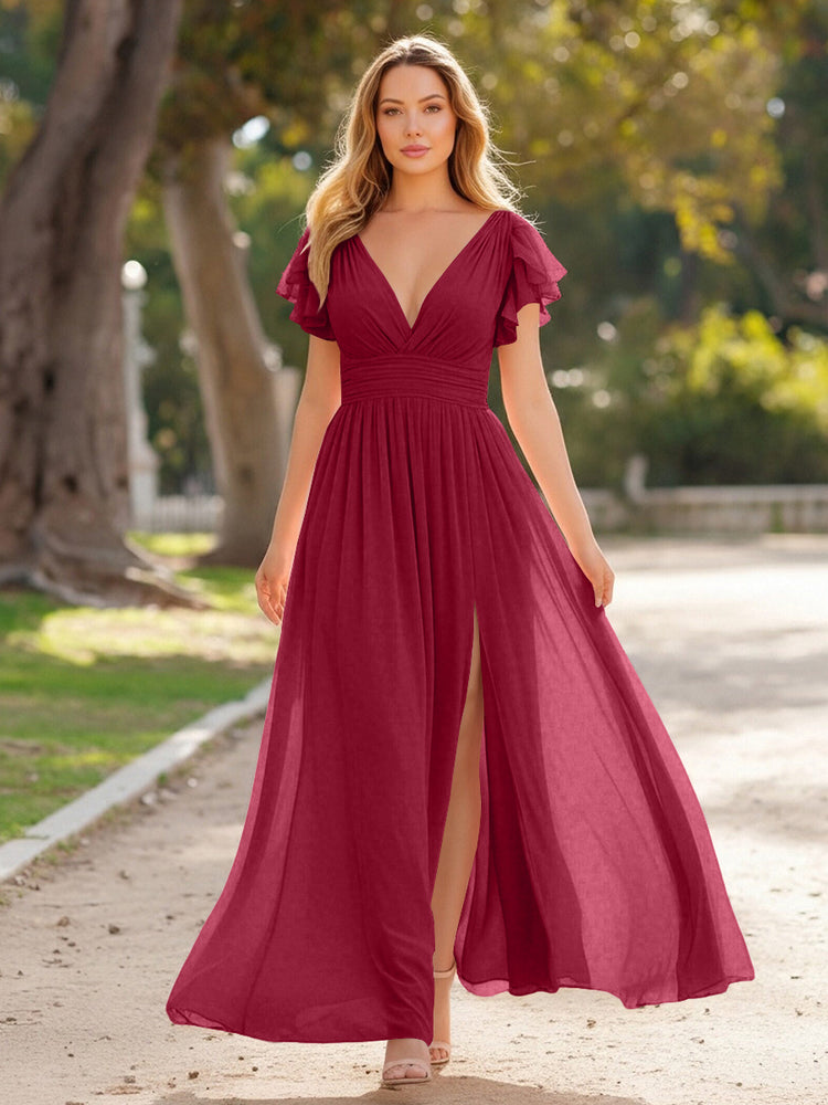 V Neck Satin Pleated Sleeveless Long Bridesmaid Dresses