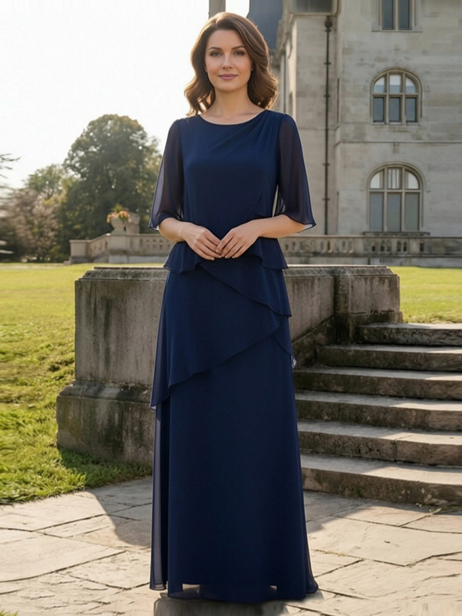 Crew Neck 3/4 Sleeves Mother of the Bride Dresses with Tiered