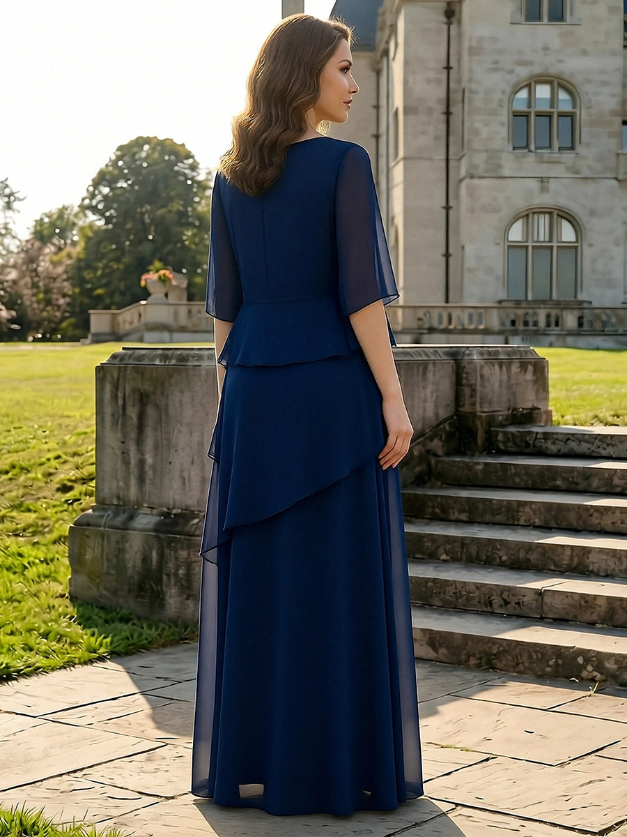 Crew Neck 3/4 Sleeves Mother of the Bride Dresses with Tiered