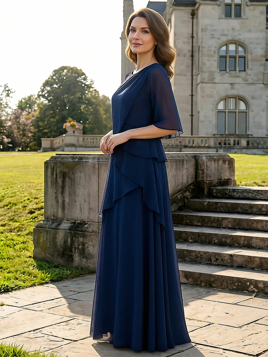 Crew Neck 3/4 Sleeves Mother of the Bride Dresses with Tiered