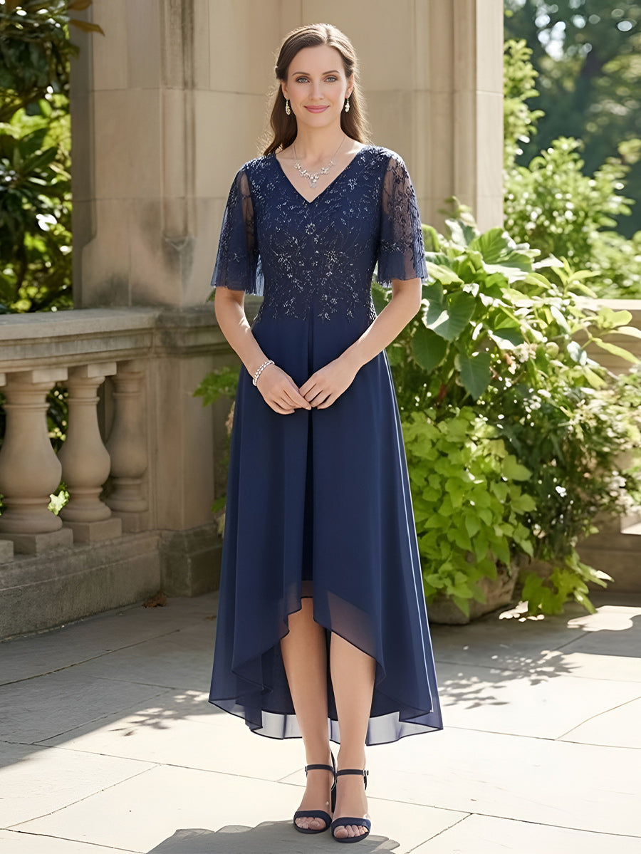 V Neck Short Sleeves Mother of the Bride Dresses with Applique