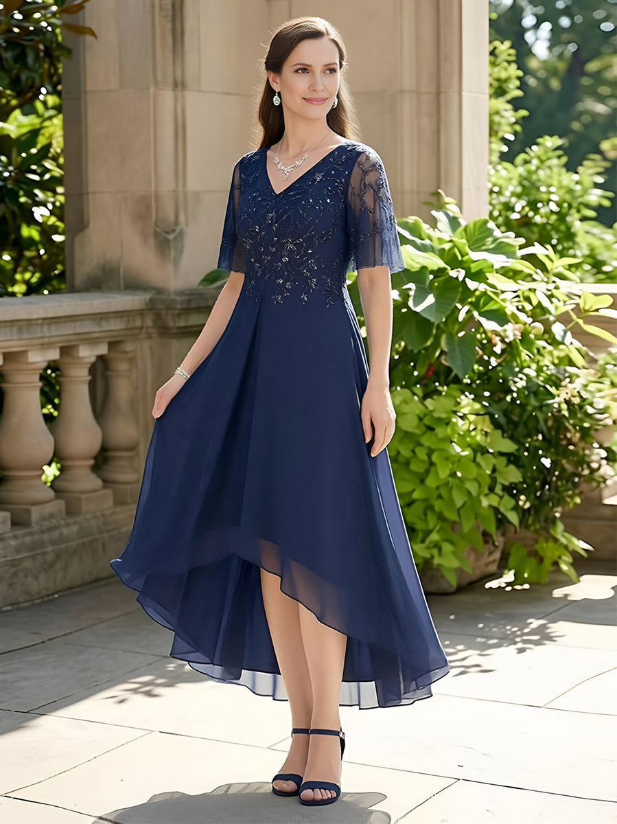 V Neck Short Sleeves Mother of the Bride Dresses with Applique
