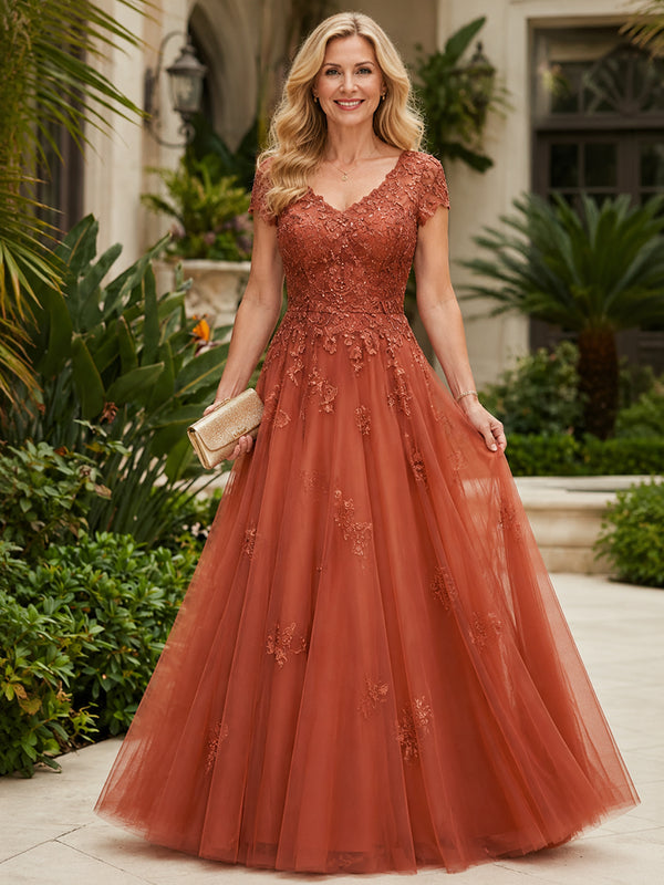 Tulle A-Line V Neck Long Mother of the Bride Dresses with Applique