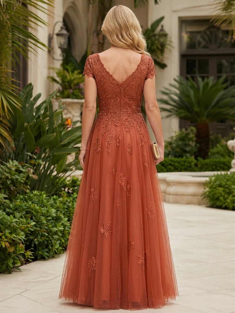 Tulle A-Line V Neck Long Mother of the Bride Dresses with Applique