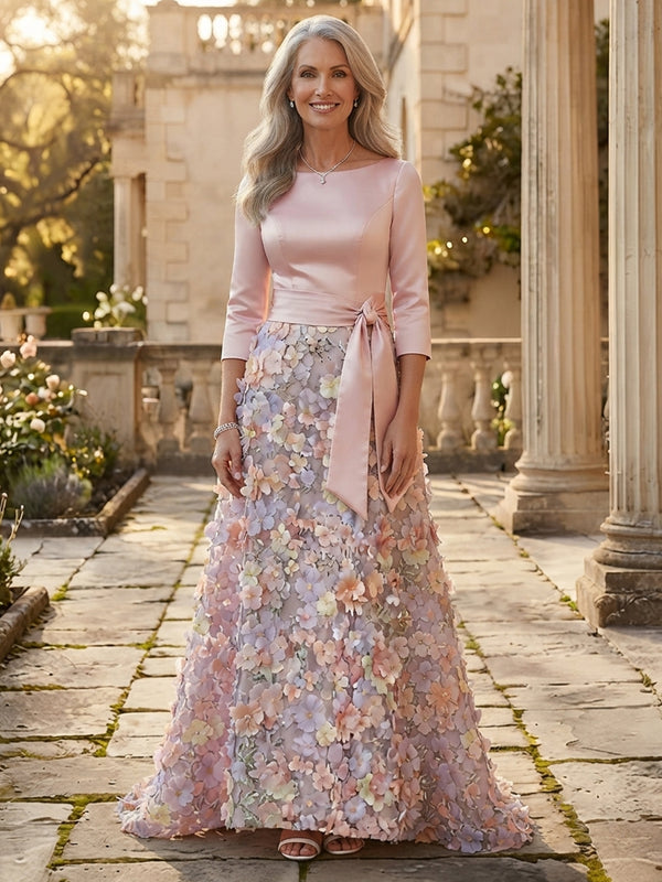 Satin A-Line Scoop Neck Long Mother of the Bride Dresses with 3D Flowers