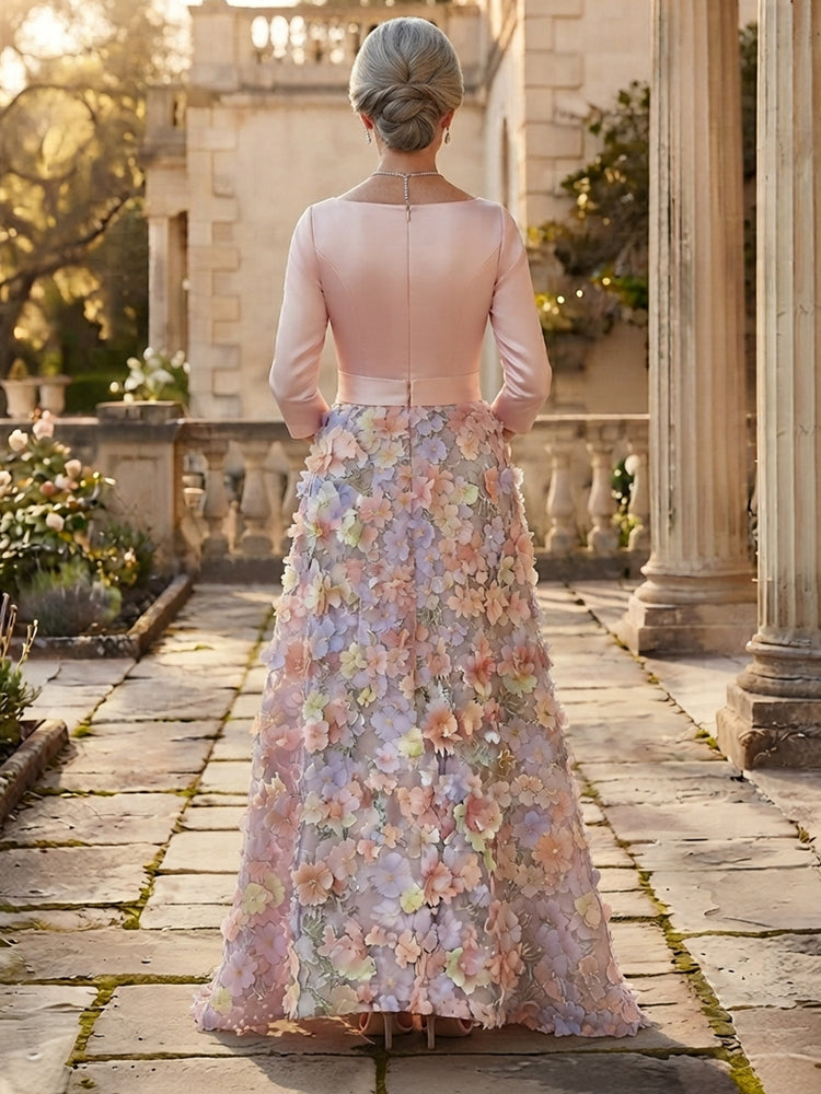 Satin A-Line Scoop Neck Long Mother of the Bride Dresses with 3D Flowers