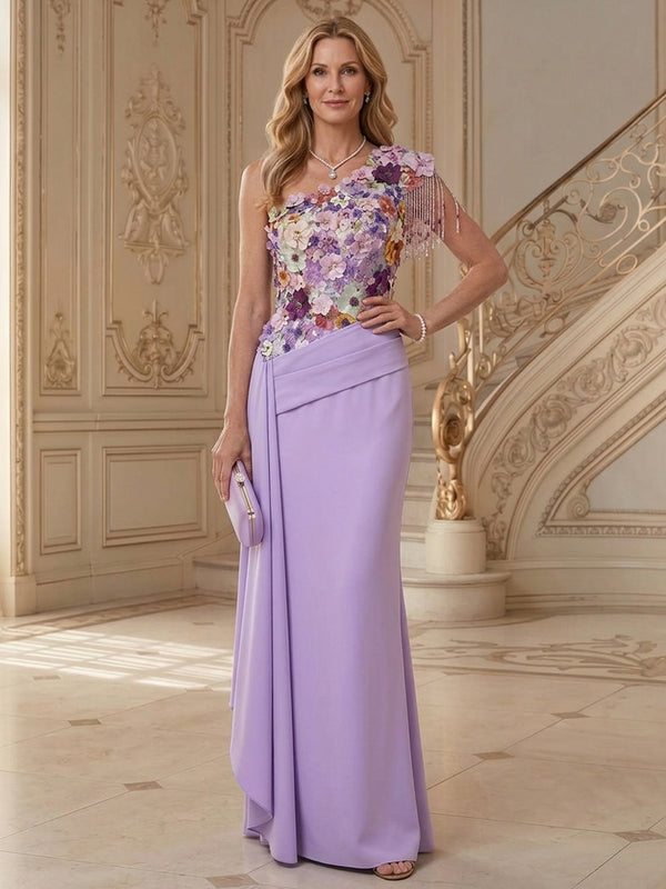 Crepe Mermaid One Shoulder Long Mother of the Bride Dresses with 3D Flowers