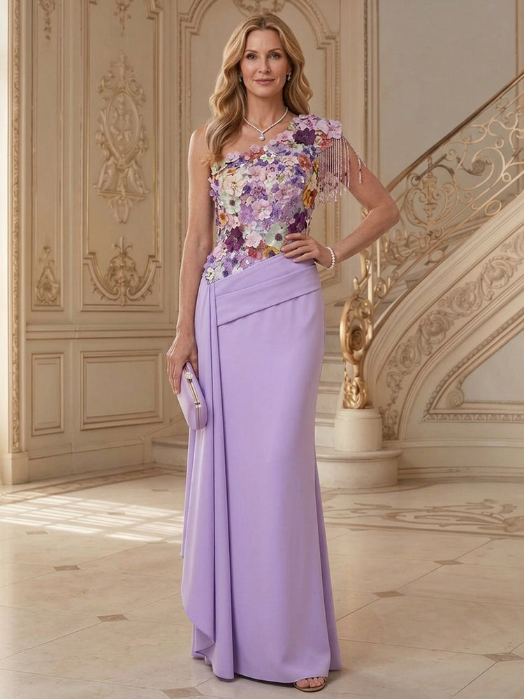 Crepe Mermaid One Shoulder Long Mother of the Bride Dresses with 3D Flowers