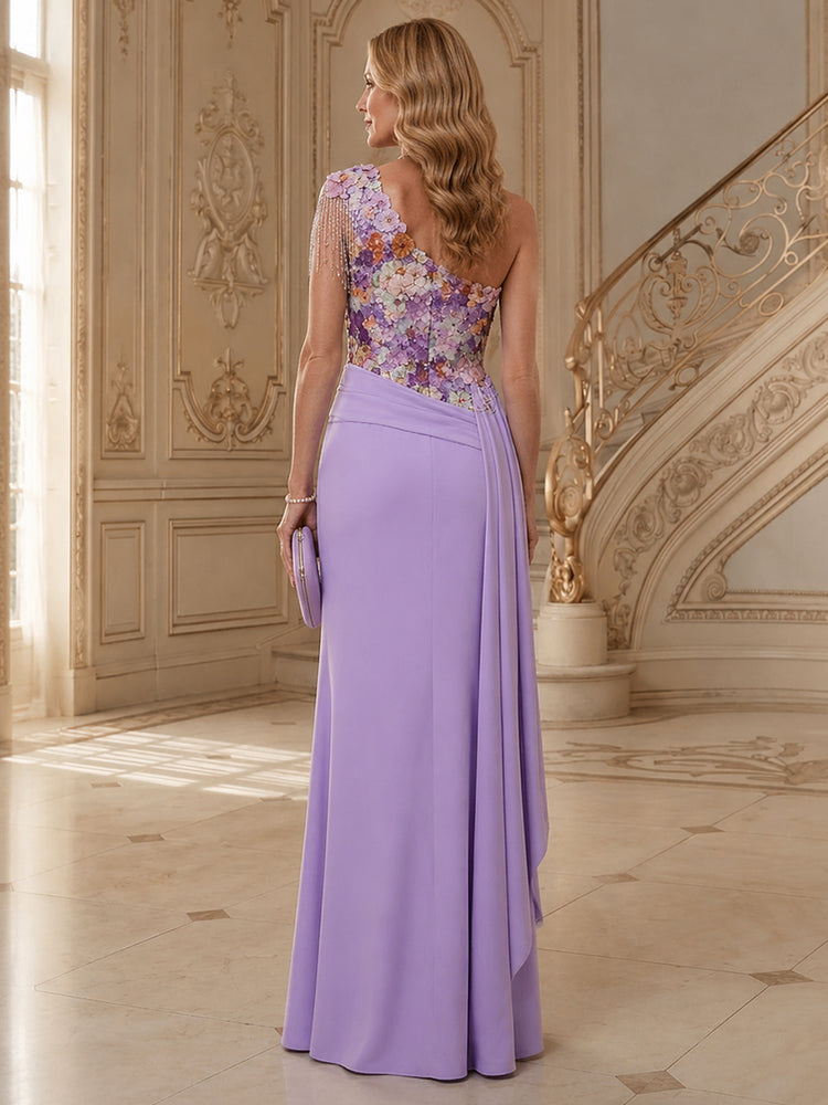 Crepe Mermaid One Shoulder Long Mother of the Bride Dresses with 3D Flowers