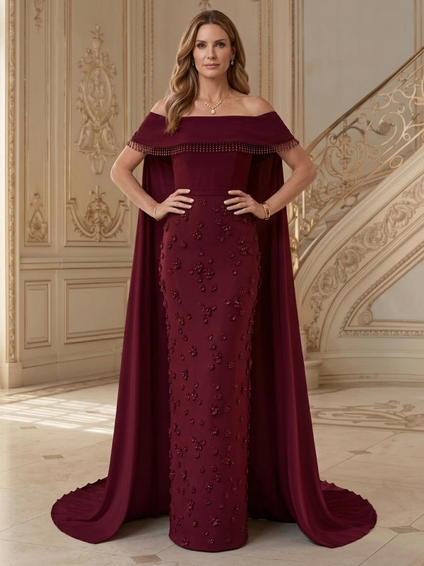 Jersey Sheath Off the Shoulder Long Mother of the Bride Dresses with 3D Flowers