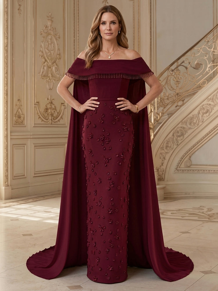 Jersey Sheath Off the Shoulder Long Mother of the Bride Dresses with 3D Flowers