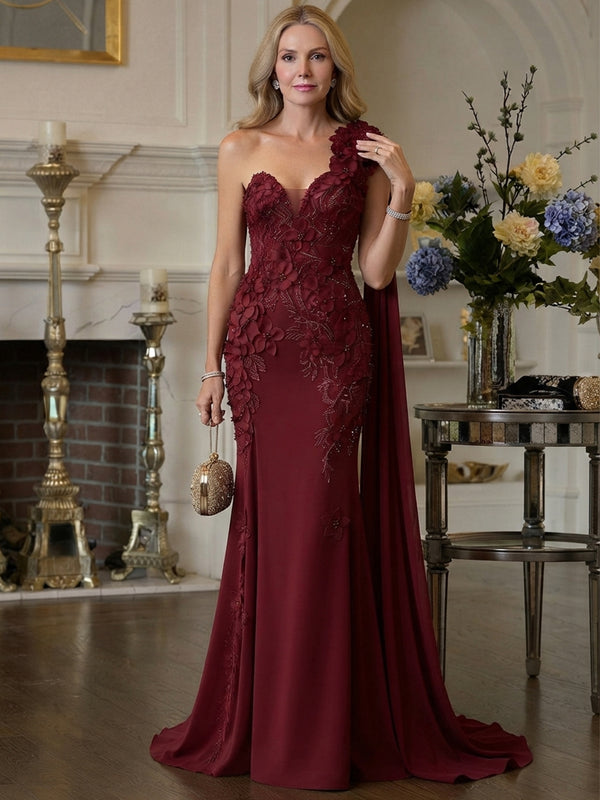 Jersey Sheath One Shoulder Long Mother of the Bride Dresses with 3D Flowers