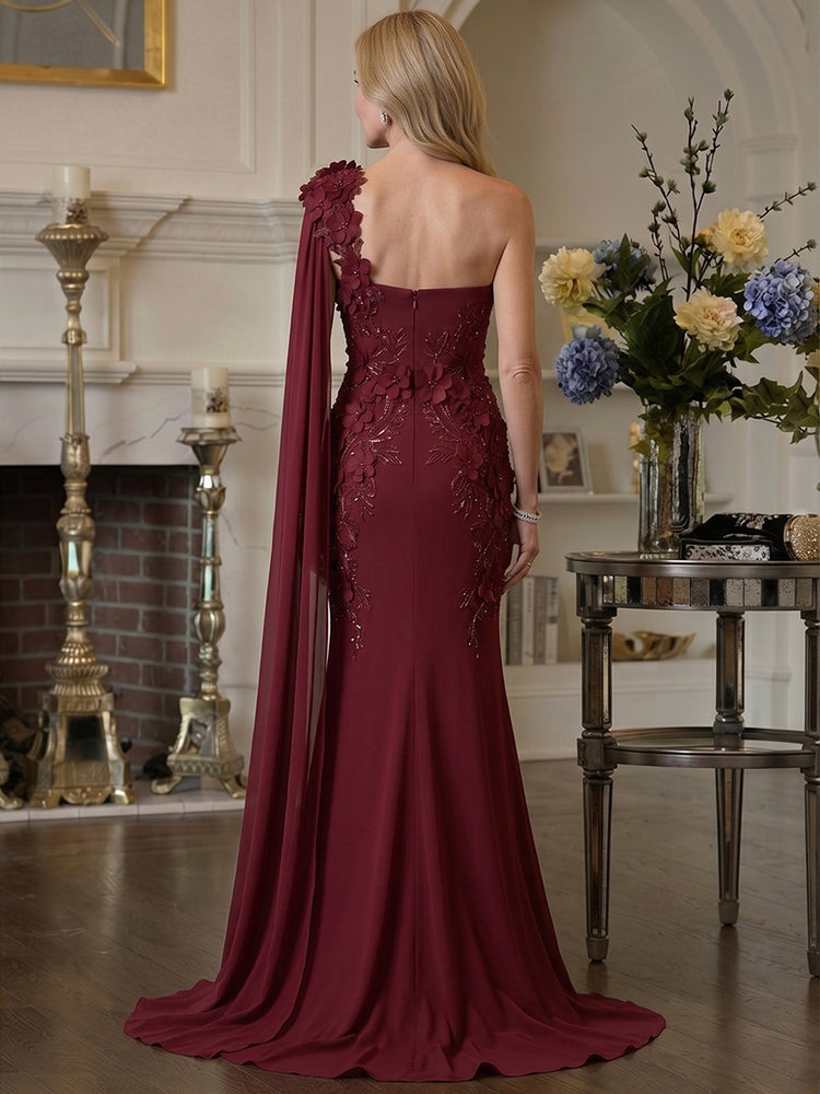 Jersey Sheath One Shoulder Long Mother of the Bride Dresses with 3D Flowers
