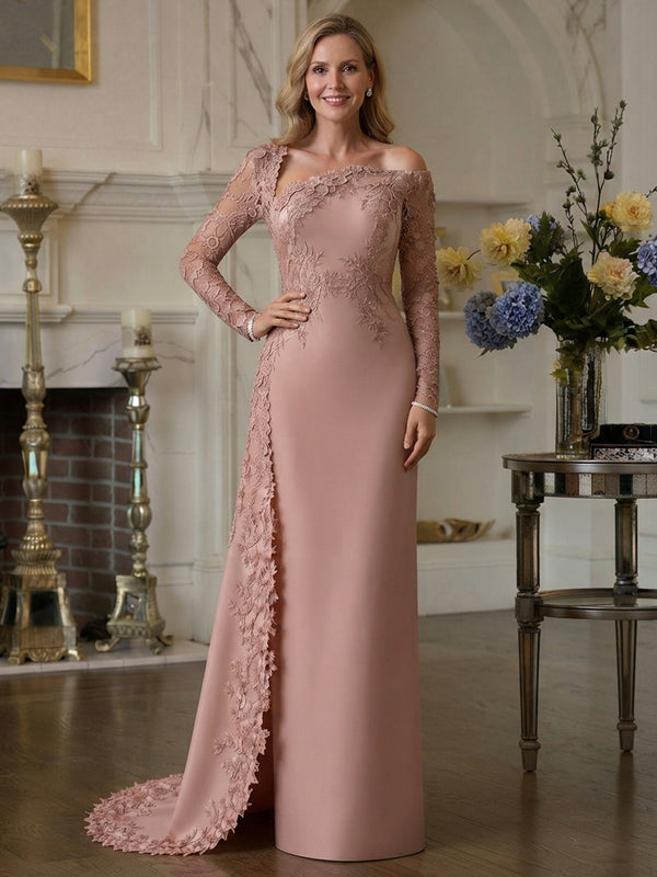 Jersey Sheath Asymmetric Neck Long Mother of the Bride Dresses with Embroidery