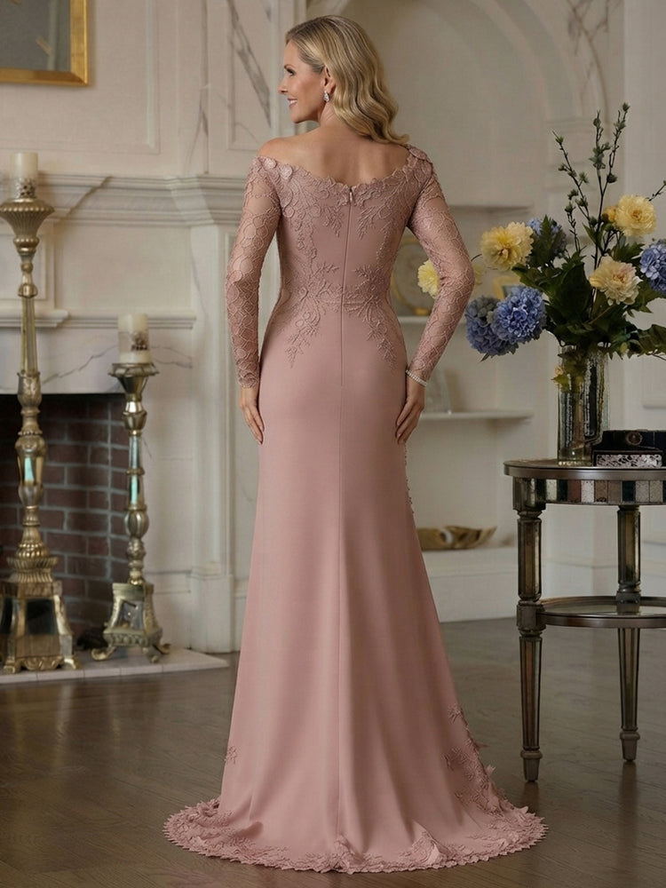 Jersey Sheath Asymmetric Neck Long Mother of the Bride Dresses with Embroidery